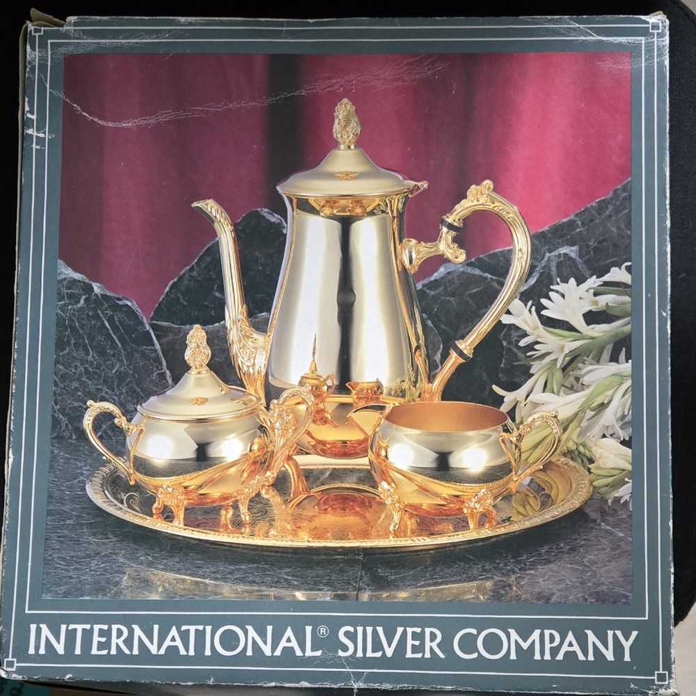 24KT gold Plated International Silver Co. Coffee set w/serving tray. Vintage